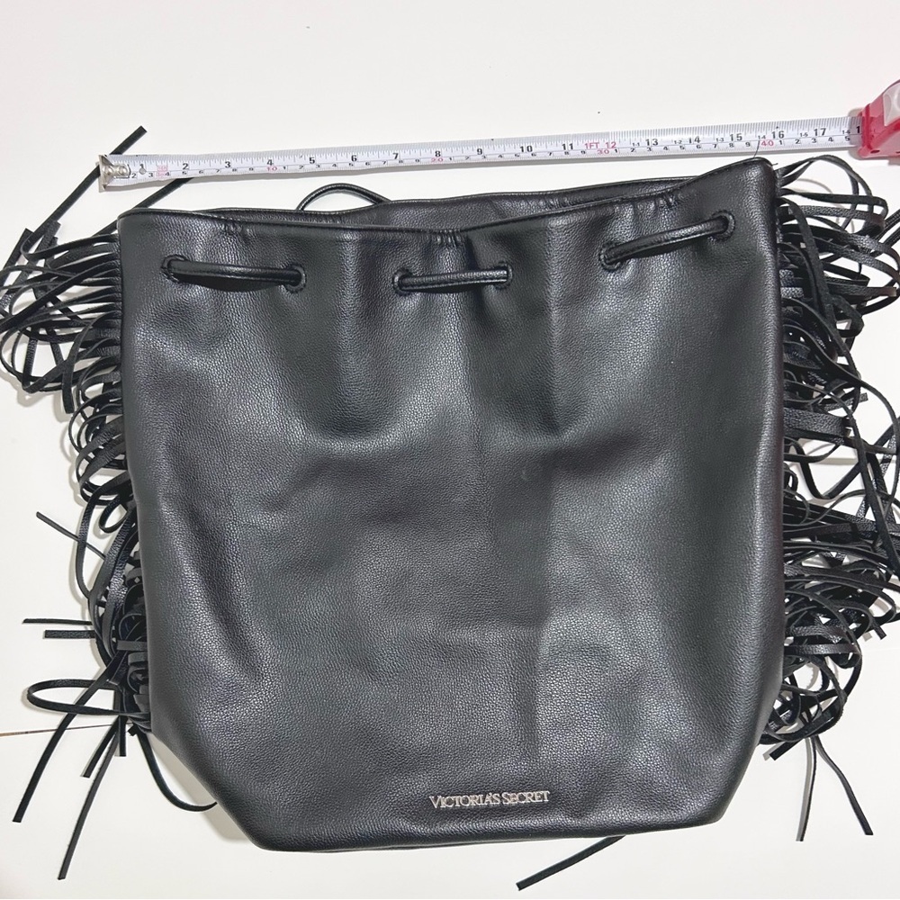 Victoria's Secret black faux leather tassel fringe drawstring purse backpack - Picture 4 of 7